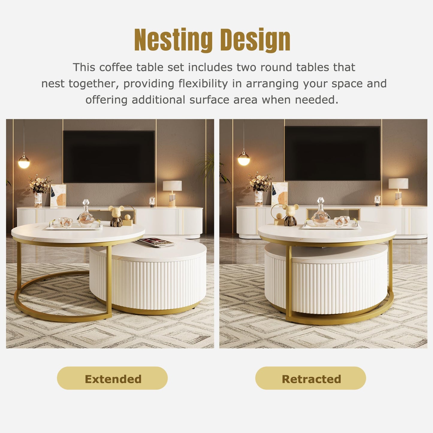 Merax Round Nesting Coffee Table Set of 2 with Storage Drawer and Marbling Tabletop, Perfect for Living Room Apartment, White