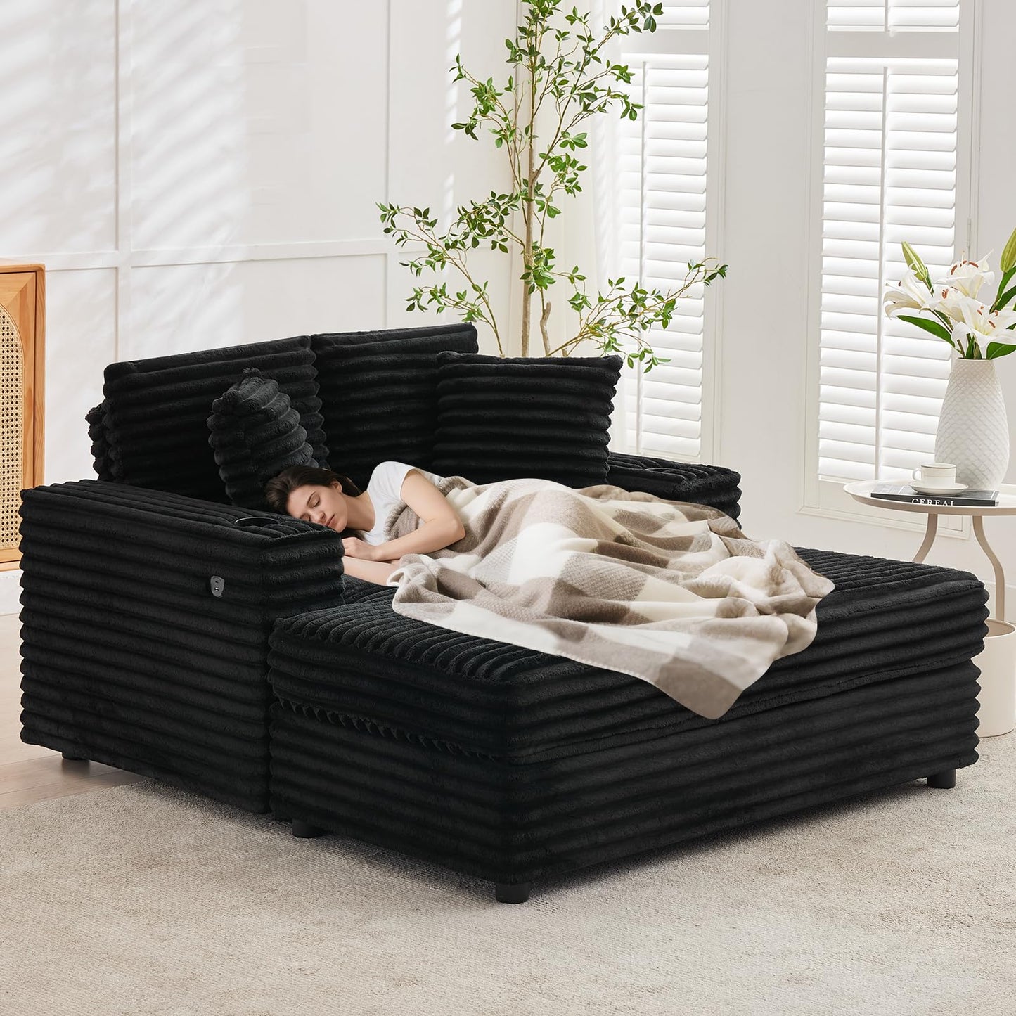 Garvee 60" Oversized Chaise Lounge Chair Indoor, Corduroy Upholstered Sleeper Sofa Bed w/Cup Holder & Charging Port, Cloud Couch Sofa Chair w/Throw Pillows & Wide Arms for Living Room, Bedroom,Black