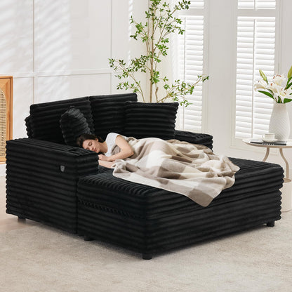 Garvee 60" Oversized Chaise Lounge Chair Indoor, Corduroy Upholstered Sleeper Sofa Bed w/Cup Holder & Charging Port, Cloud Couch Sofa Chair w/Throw Pillows & Wide Arms for Living Room, Bedroom,Black