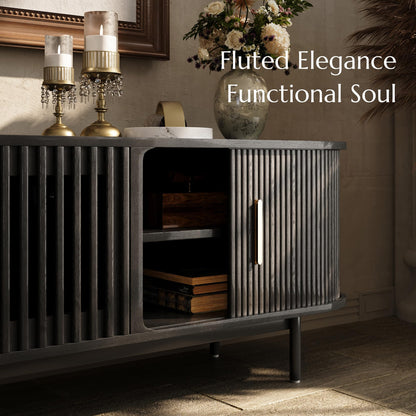 POVISON Fully-Assembled Mid Century Modern TV Stand, Sliding Tambour Door Entertainment Center with Storage, Wood TV Console, Media Console for Living Room Bedroom(Black, 78.74")