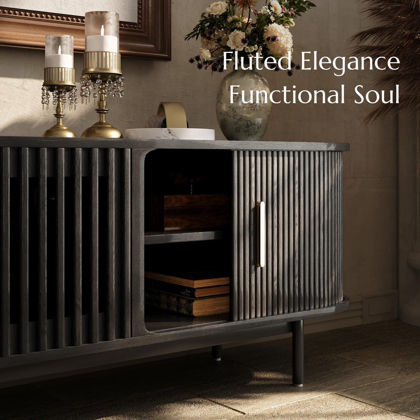 POVISON Fully-Assembled Mid Century Modern TV Stand for 65 inch TV, Sliding Door Entertainment Center with Storage, Wood TV Console, Media Console for Living Room Bedroom(Black, 70.87")