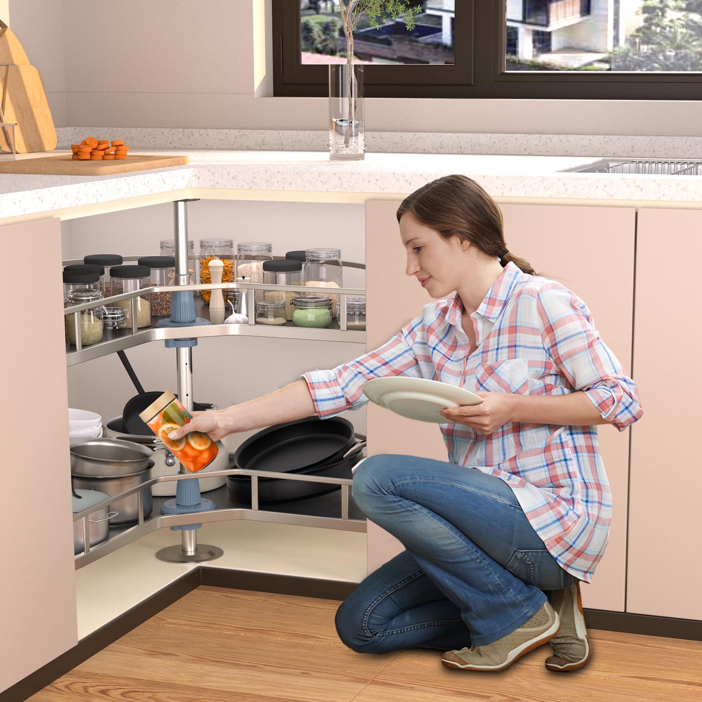 JOWBOOW 28" Kidney Corner Cabinet Lazy Susan, 270° Height Adjustable Replacement Shelves for Kitchen Corner Cabinet (Cannot be Door-Mounted)
