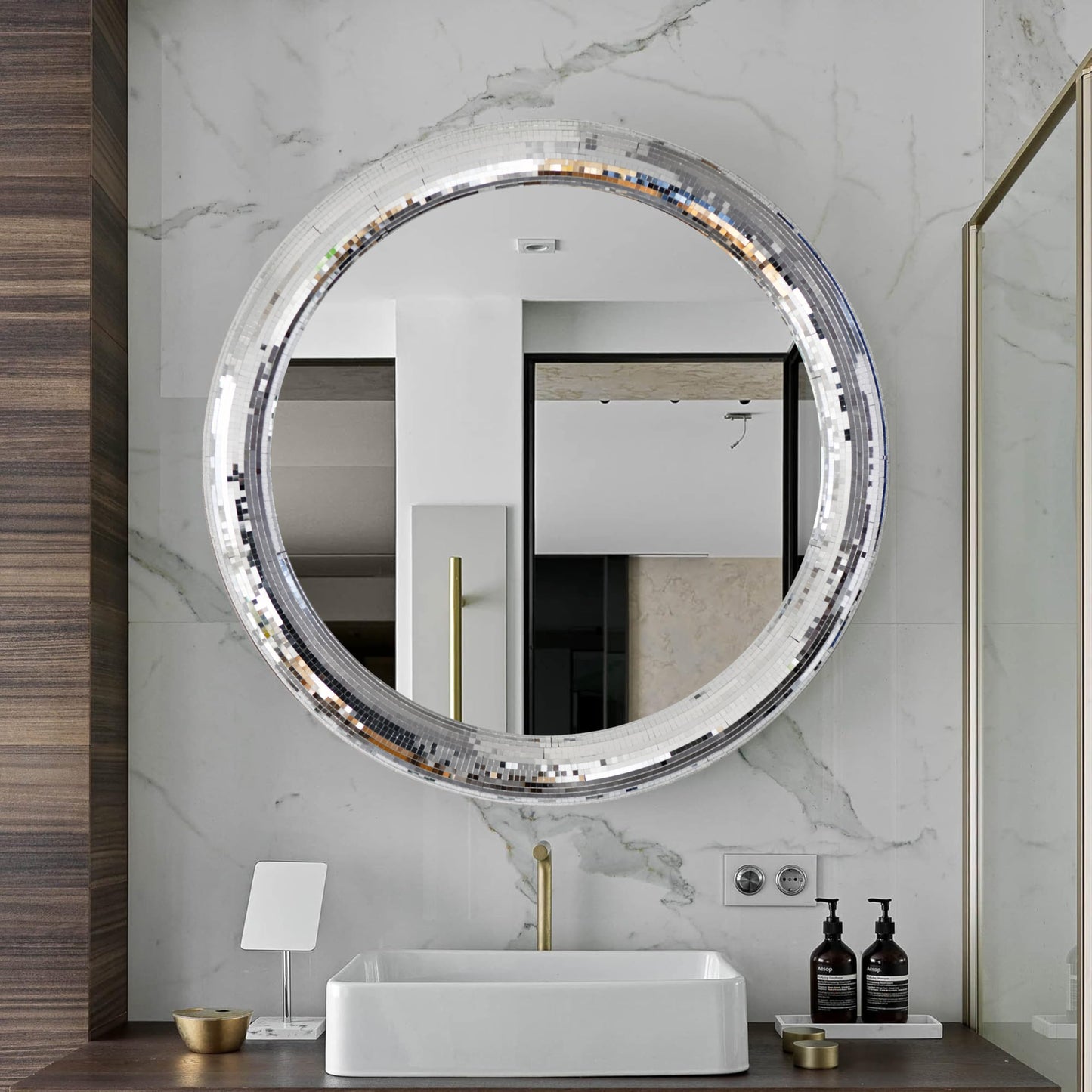 LuHeToz 23.6inch Round Decorative Wall Mirror with Mosaic Glass Frame, Silver Bathroom Vanity Mirror
