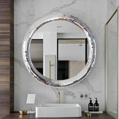 LuHeToz 23.6inch Round Decorative Wall Mirror with Mosaic Glass Frame, Silver Bathroom Vanity Mirror