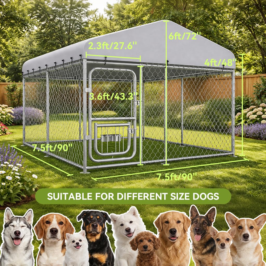COMHOMA 7.5×7.5FT Outdoor Dog Kennel with Adjustable Bowls Feeder Heavy Duty Extra-Large Dog Enclosure with Roof & Lock All Weather Resistant for Medium Large Dogs