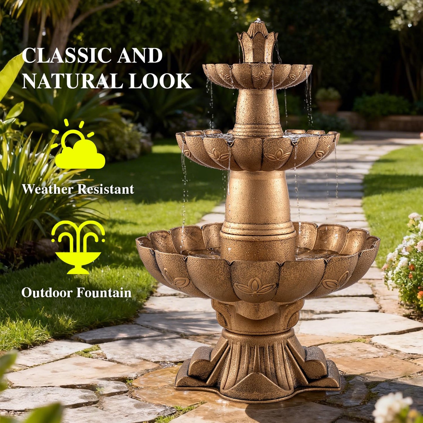 MO 48.8" 3-Tier Freestanding Water Fountain Outdoor Garden, Like Stone Large Bird Bath with Pump, Outdoor Waterfall Feature for Yard Patio Home Decor
