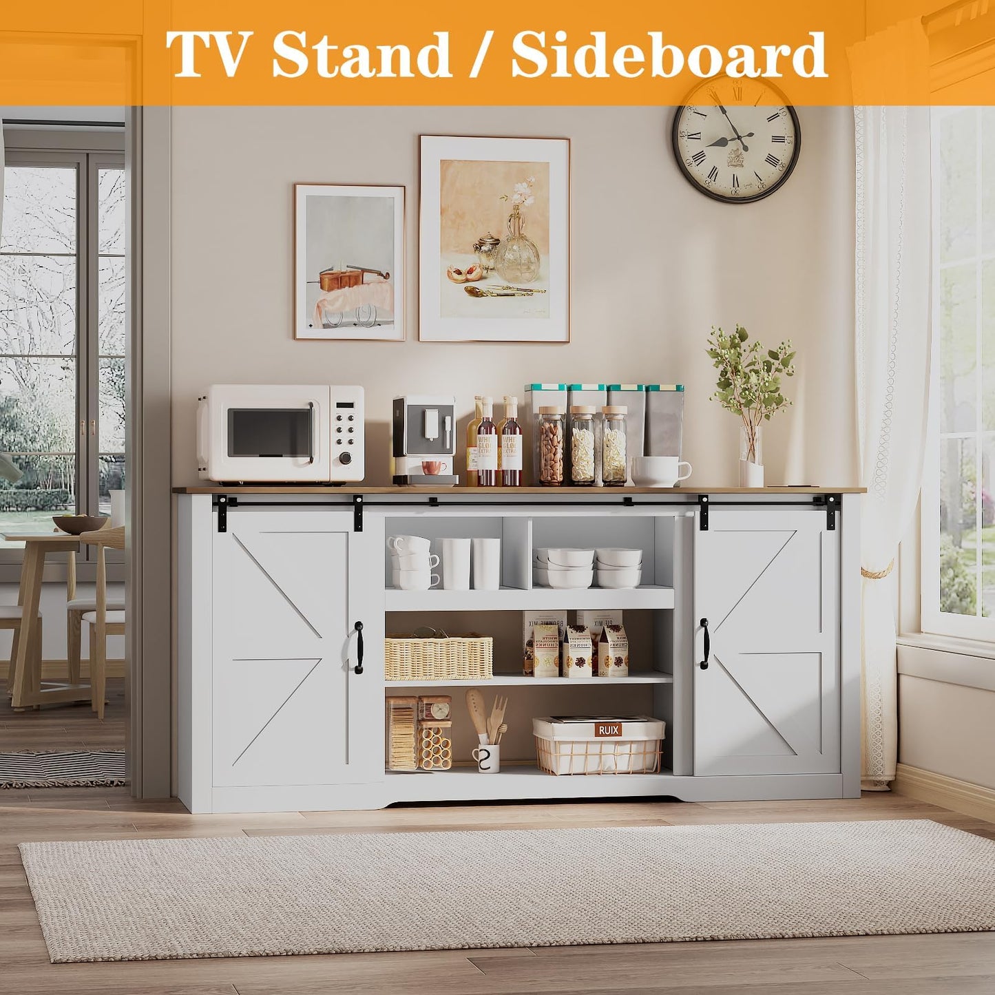 Garvee 70" Farmhouse TV Stands for 80" Television, Entertainment Center with Sliding Barn Door, Media TV Console Table with Storage & Adjustable Shelves for Living Room, White+Brown