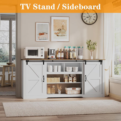 Garvee 70" Farmhouse TV Stands for 80" Television, Entertainment Center with Sliding Barn Door, Media TV Console Table with Storage & Adjustable Shelves for Living Room, White+Brown