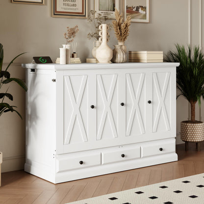 YOPTO Murphy Bed Cabinet Full Size with Charging Station and Large Storage Drawer,Pine Wood Folding Wall Bed Frame,Space Saving,Easy Assembly,Hidden Platform Bed for Home Office or Small Room,White