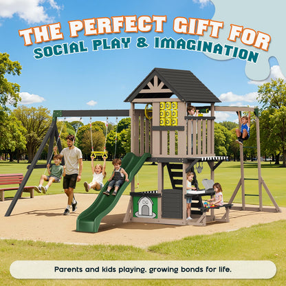 Albott Wooden Swing Set for Kids, Large Outdoor 11-in-1 Playset with Playhouse, Wave Slide, 2 Swings and Climbing Wall, Backyard Playground for Ages 3–8, 200" D x 161" W x 114" H