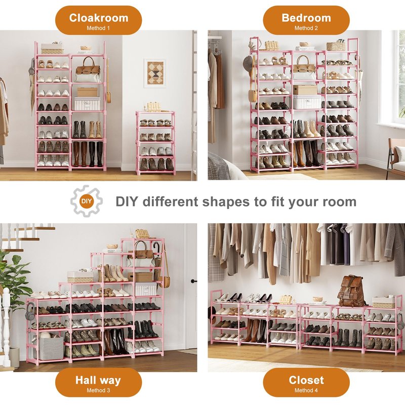 WOWLIVE 9 Tiers Shoe Rack Shoe Storage Shoe Organizer 50-55 Pairs Shoe Tower Unit Shelf Durable Metal Pipes with Plastic Connectors Stackable Cabinet Pink