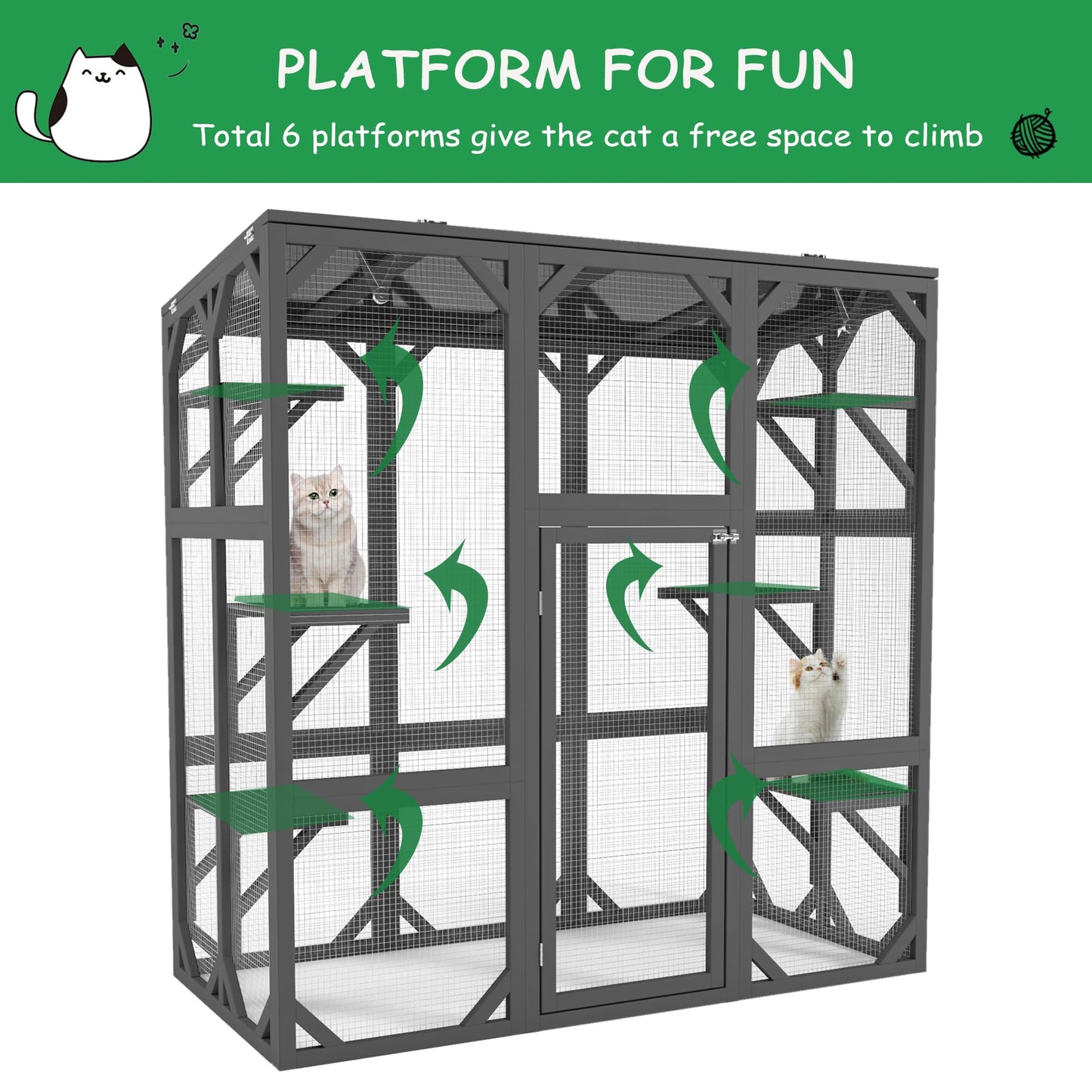 Ball & Cast 59" Wooden Catio Enclosure Outdoor Cat House with Anti-UV& Waterproof, Platforms and Resting Boxes Walk-in Cat Kennel Shelter for Indoor,Dark Grey
