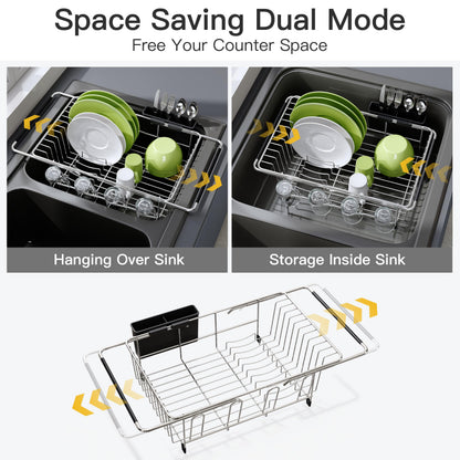 JASIWAY Dish Drying Rack in Sink, Expandable Stainless Steel Dish Drainers for Kitchen Counter, Dish Dryer Rack for Inside Sink, Over The Sink Dish Racks with Utensil Holder, Silver