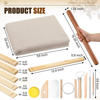 Baderke 20 Pcs Pottery Teaching Set, Includes 1 Wooden Rolling Pin, 10 Pottery Teaching Rolling Mud Stick Guide, 8 Clay Sculpting Tools, 1 Special Linen for Ceramic Clay Making