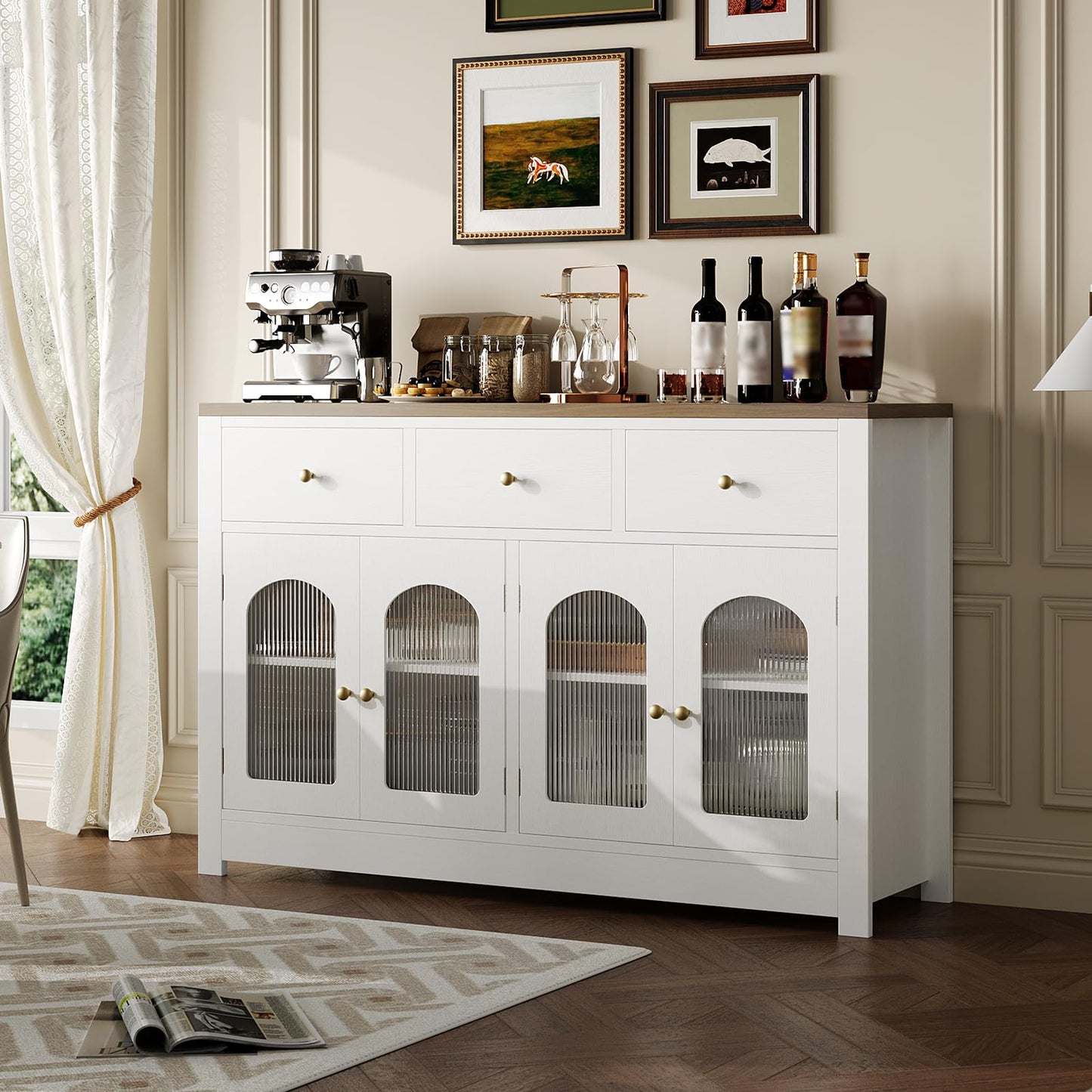 Farmhouse Large Buffet Sideboard Cabinet with 4 Doors & 3 Drawers, Kitchen Cabinet Display Cabinet with Adjustable Shelf, Wine Buffet Cabinet with Storage for Dining Room, Living Room, White