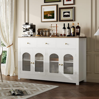 Farmhouse Large Buffet Sideboard Cabinet with 4 Doors & 3 Drawers, Kitchen Cabinet Display Cabinet with Adjustable Shelf, Wine Buffet Cabinet with Storage for Dining Room, Living Room, White