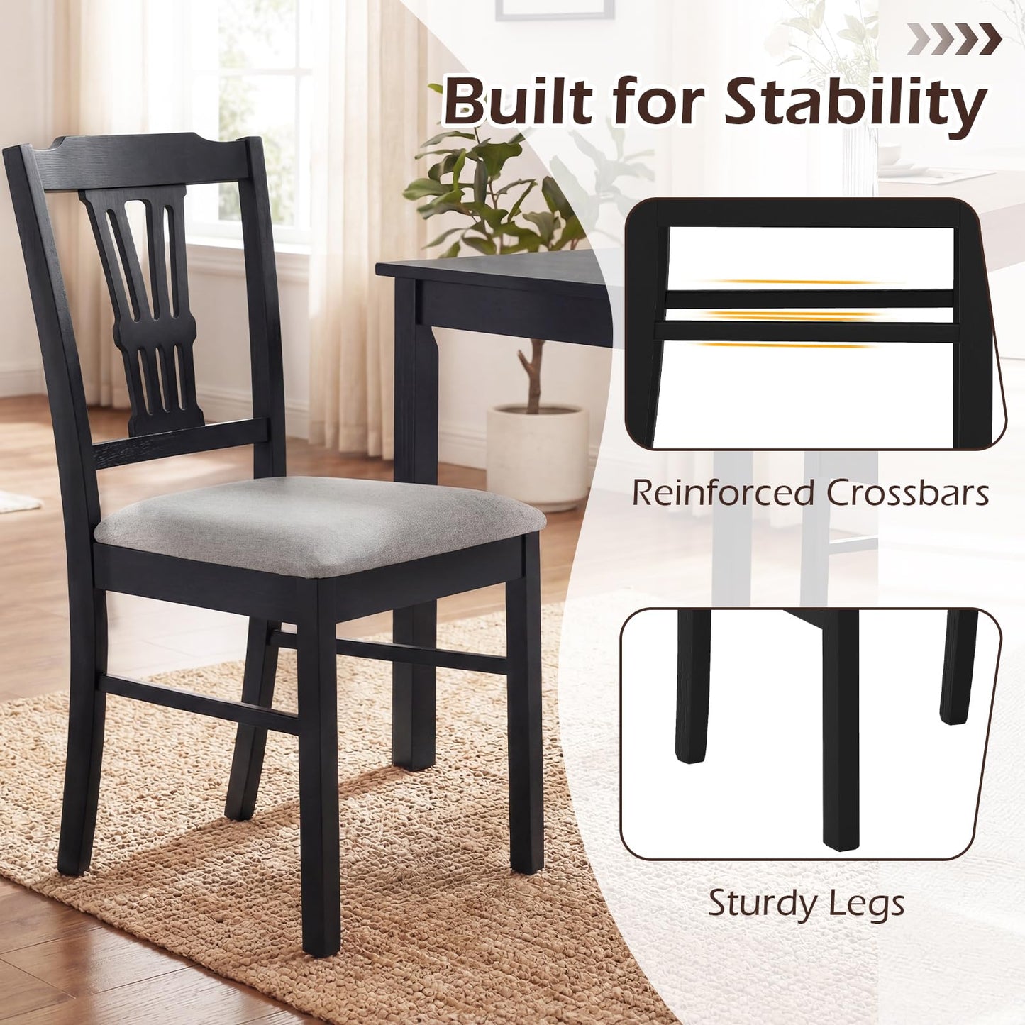 Giantex Wooden Dining Chairs Set of 4, Upholstered Kitchen Chairs with Solid Rubber Wood Frame, Hollowed Backrest & Soft Padded Seat, Armless Dining Chairs for Kitchen, Dining Room, Black & Gray