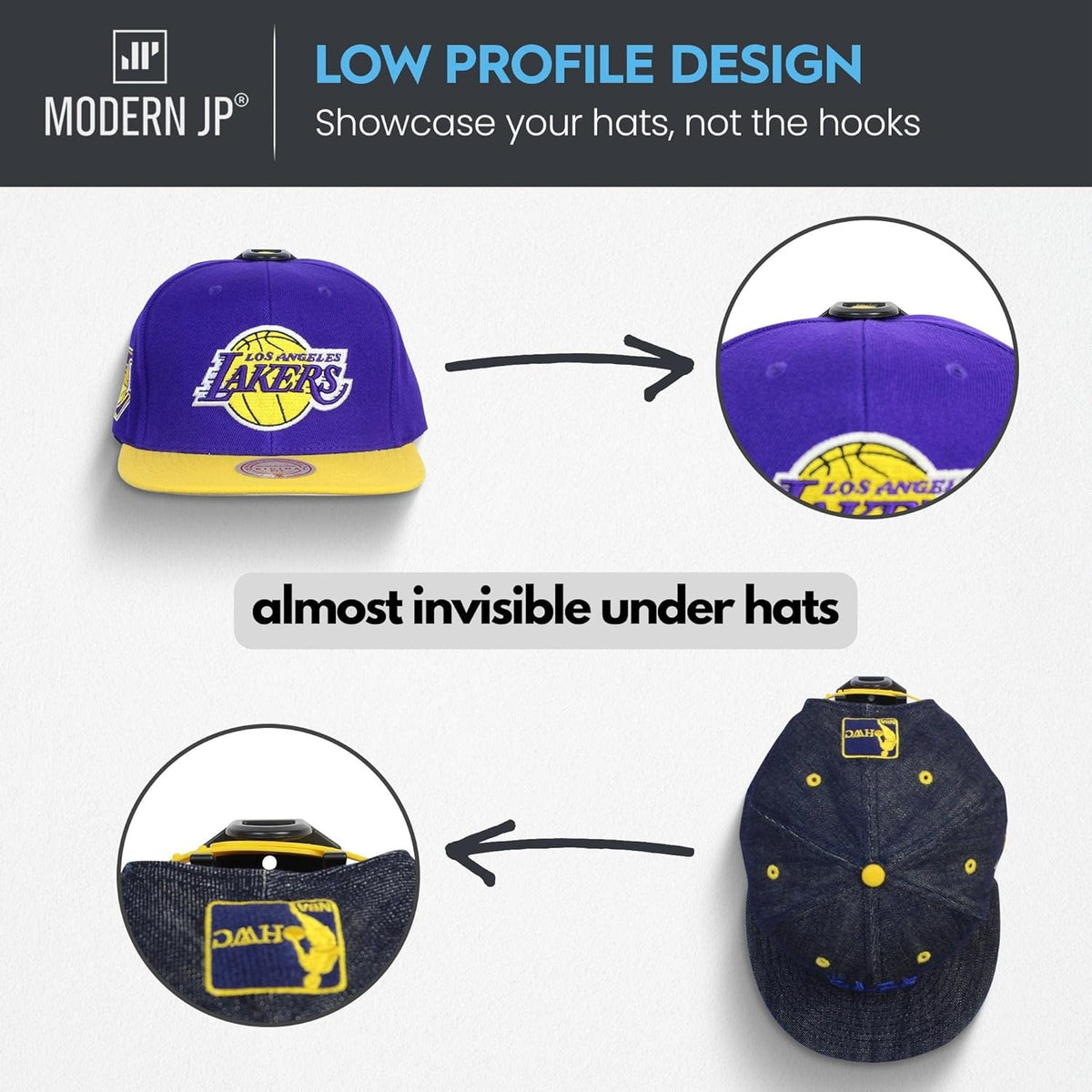 Modern JP Hat Hooks - Strong Adhesive Wall Rack for Baseball Caps | 16-Pack, Minimalist Design, Black
