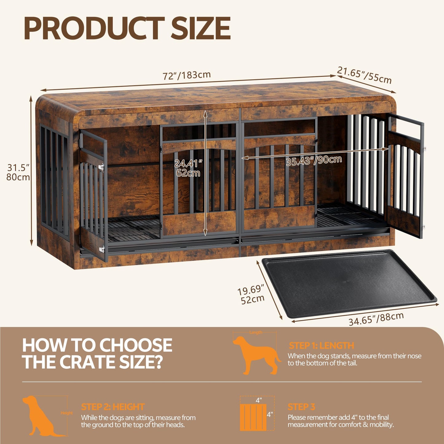Homiflex 72" Double Dog Crate Furniture, Dog Crates for 2 Medium Large Dogs, Dog Cage TV Stand Side Table Wooden Indoor Dog Kennel with Removable Divider & Pull-Out Tray, Rustic Brown