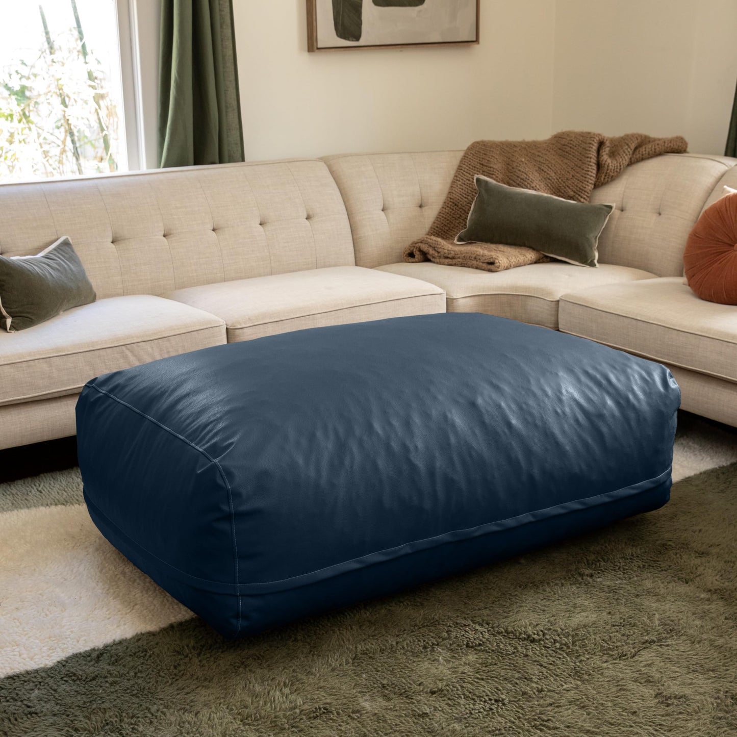 Atrium Collection Lino Ottoman - Oversized Large Couch Ottoman & Foam-Filled Lounger - Faux Leather - Oxford Blue