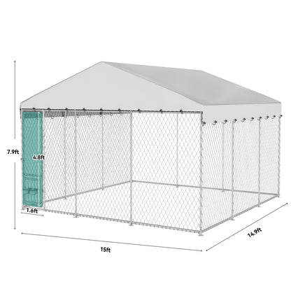 YITAHOME 14.8'x14.8' Large Outdoor Dog Kennel with Rotating Feeder Bowls, Outdoor Dog Enclosure with Roof, Heavy Duty Dog Cage for Large Dogs