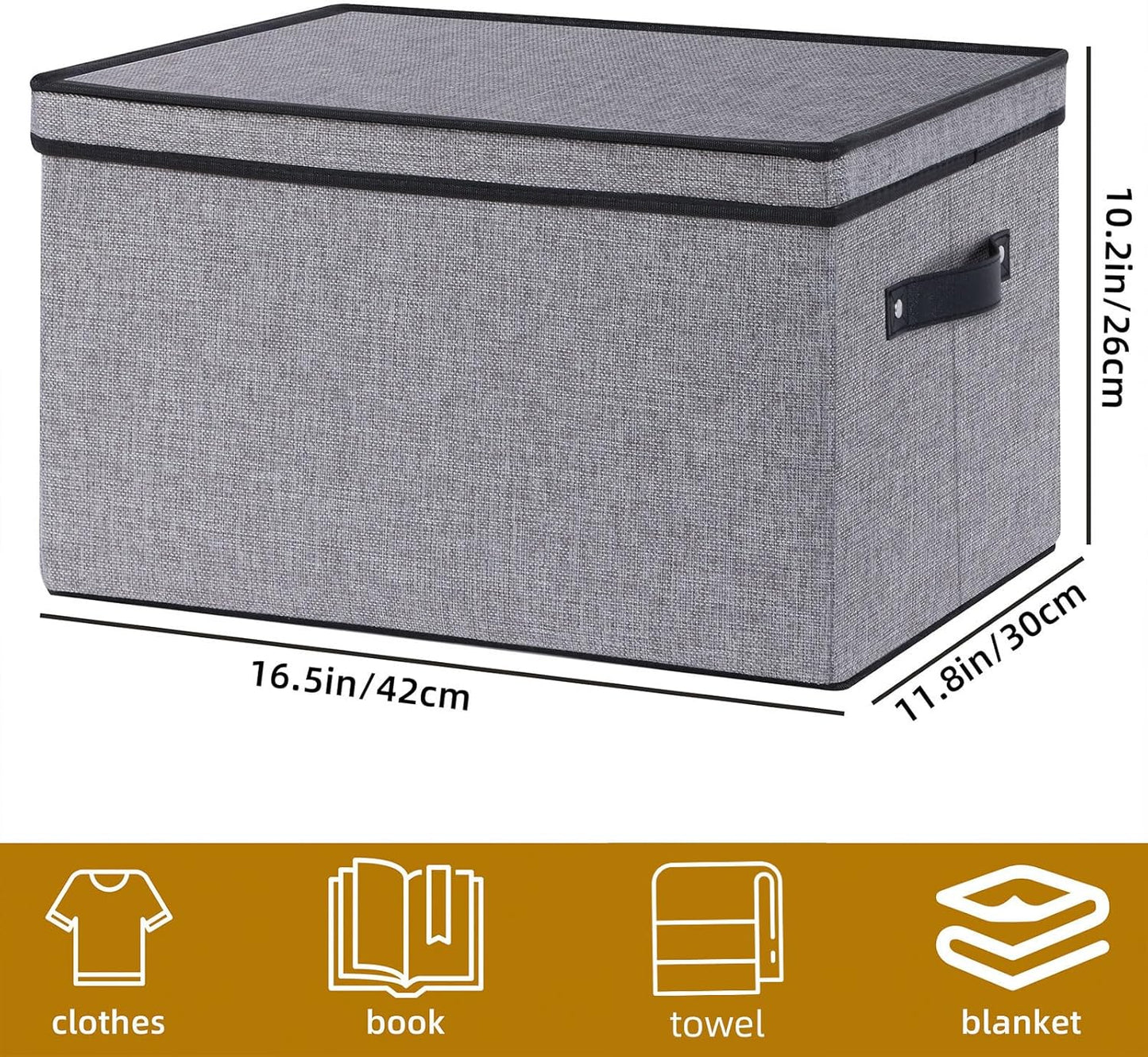 Fabric Storage Boxes, 16.5 x 11.8 x 10.2 Inch with Lids, Decorative Linen Closet Organizers, Large, Gray
