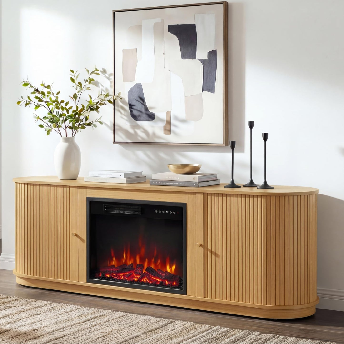 KISLOT 70'' Fluted Fireplace TV Stand for TVs Up to 80",Sliding Tambour Doors,Modern Entertainment Center with 23" Electric Fireplace, Power Outlet & Cable Management, Media Console for Living Room