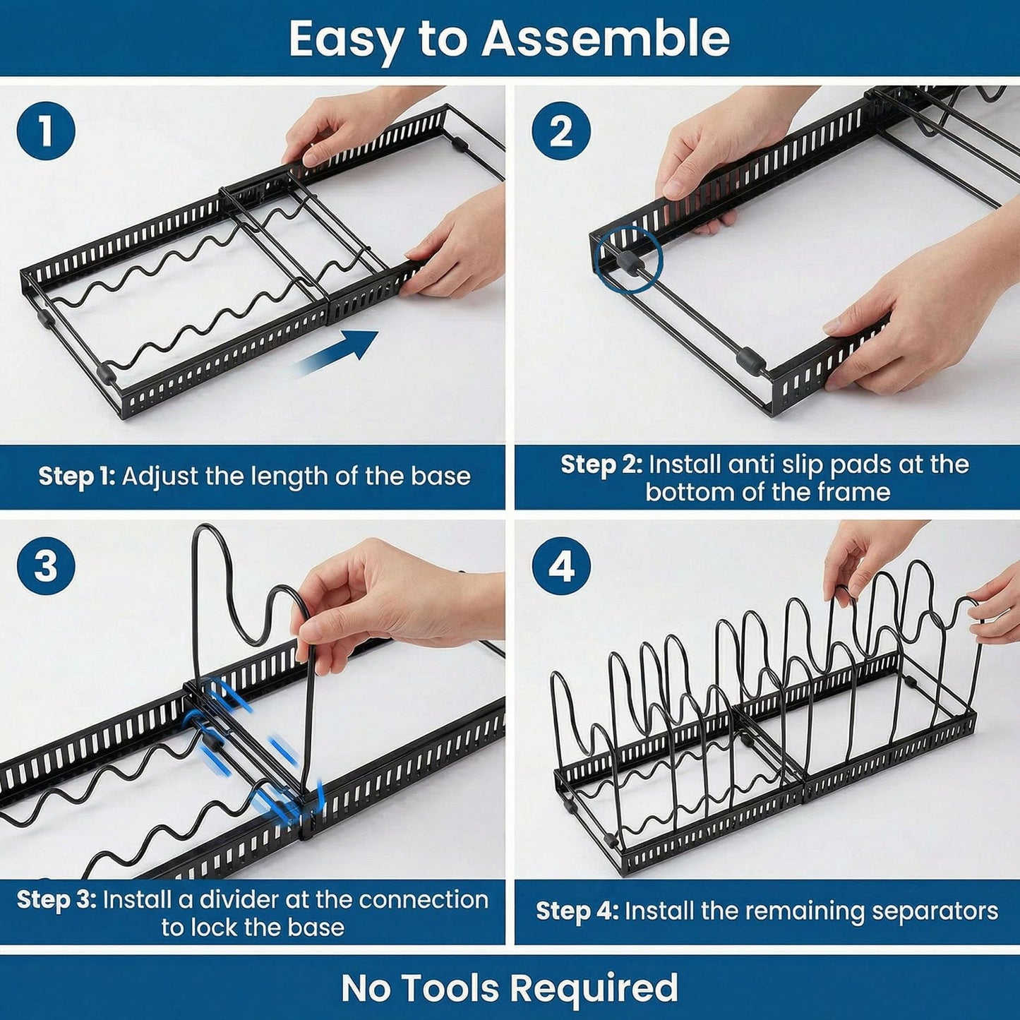 Expandable Pot Rack Organizer for Cabinet, Wave Slot Carbon Steel Pot & Pan Holder with 10 Adjustable Slots, Heavy Duty Cookware Storage for Pans, Lids, Bakeware, Countertop or Under Sink, Black