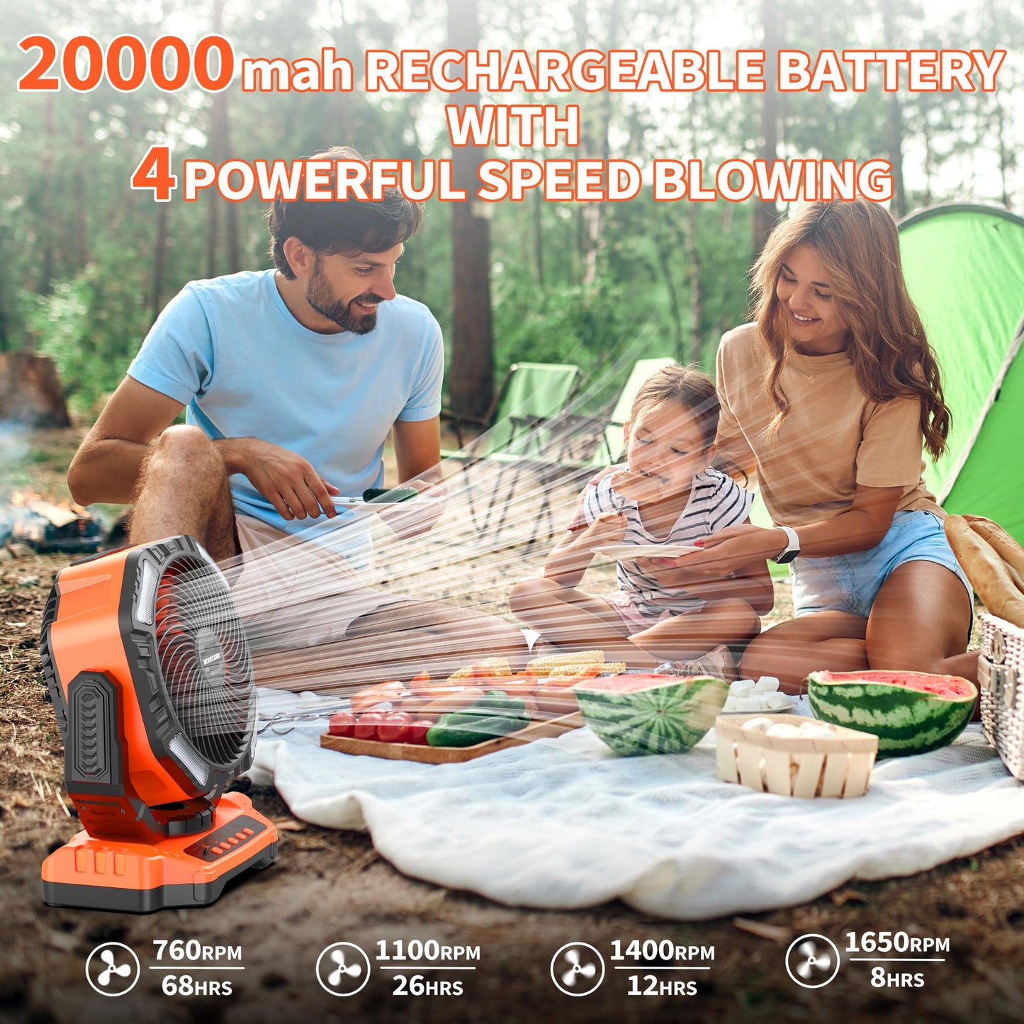 MORECORE 68HRS Running Camping Fan with Light, 20000mAh Battery Rechargeable, Powerful 4 Speeds & Auto Oscillating, with Timer & Hook, for Travel Tent RV Emergency Hurricane Jobsite Garage-Orange