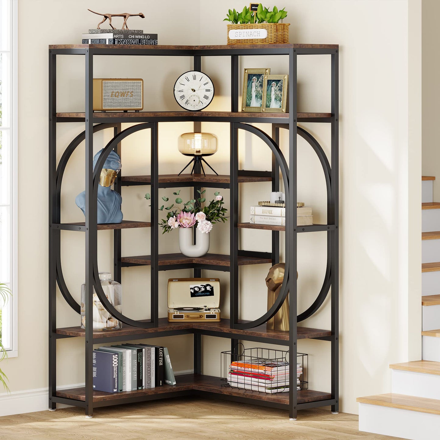 LITTLE TREE Large Corner Bookshelf Industrial Bookcase for Living Room Home Office,Brown