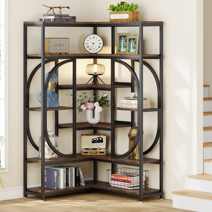 LITTLE TREE Large Corner Bookshelf Industrial Bookcase for Living Room Home Office,Brown
