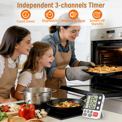 FCXJTU Digital Dual Kitchen Timer, 3-Channel Magnetic Countdown Stopwatch Timer for Cooking, Large Display, Loud Alarm, 100Hr Multi Food Classroom Timer for Seniors & Teachers (Battery Included)