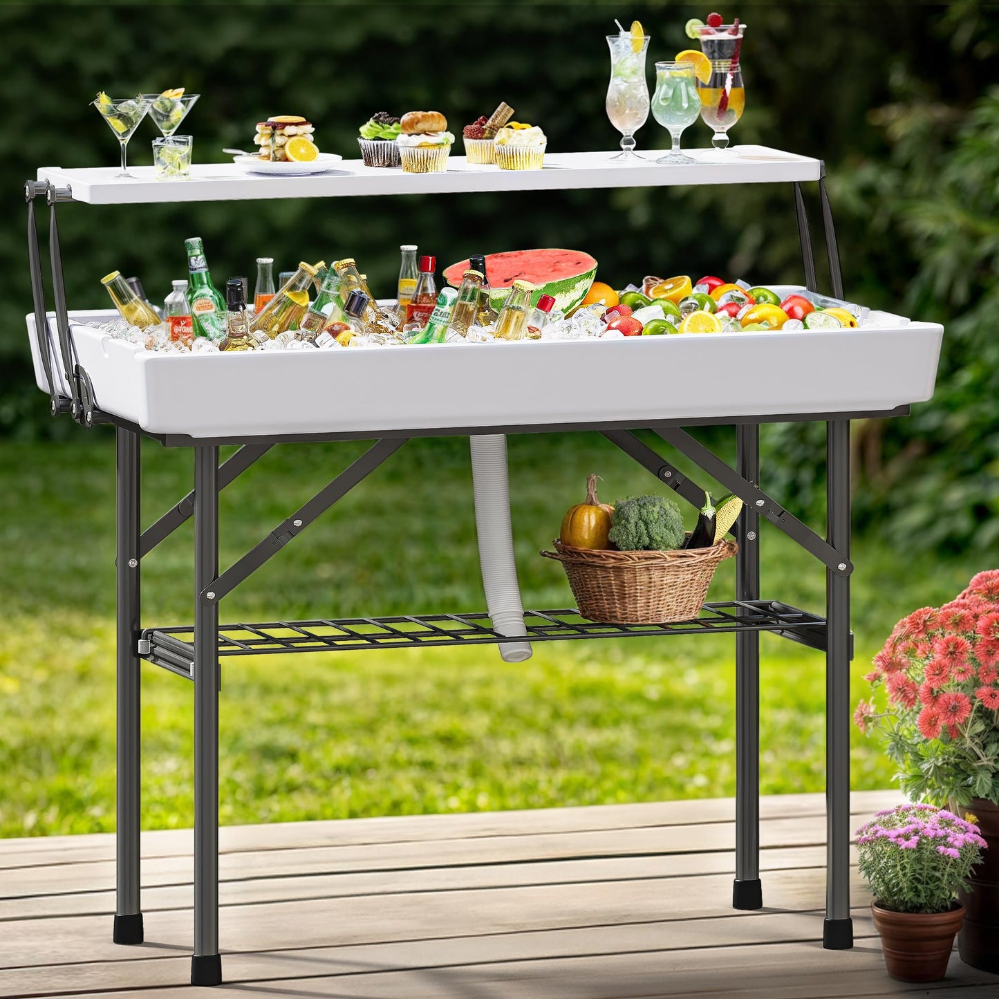 YITAHOME Two-Tier Ice Table, 4FT Folding Ice Cooler Table with Drain and Detachable Skirt, Portable Ice Table for Parties, Picnics, Camping, Weddings, BBQs
