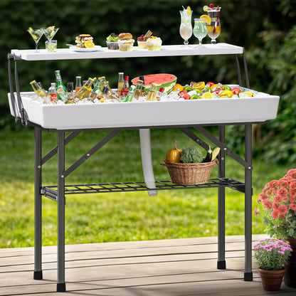 YITAHOME Two-Tier Ice Table, 4FT Folding Ice Cooler Table with Drain and Detachable Skirt, Portable Ice Table for Parties, Picnics, Camping, Weddings, BBQs
