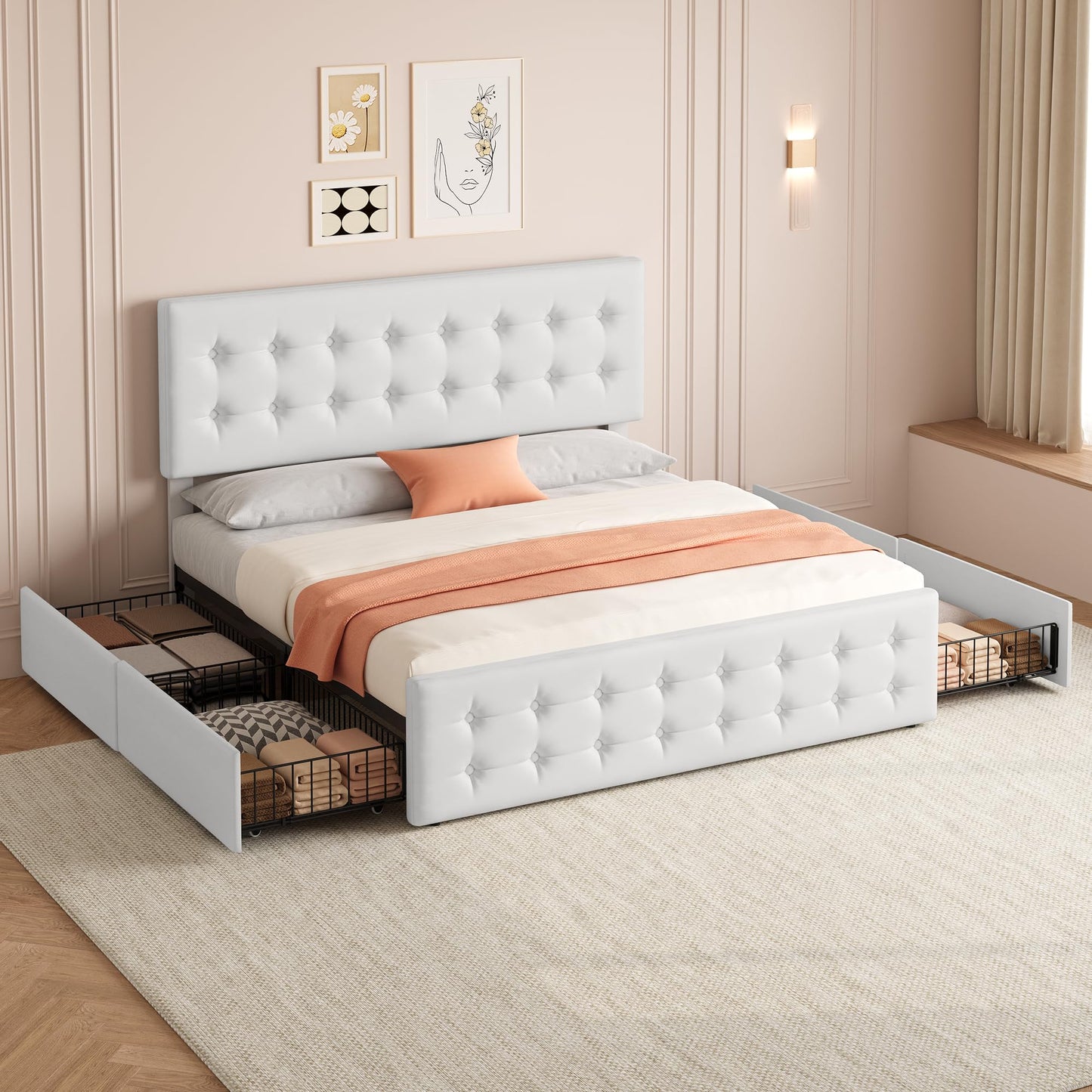 GAOMON King Size Bed Frame with 4 Storage Drawers and Headboard, Faux Leather Upholstered Platform Bed Frame with Wooden Slats Support, Button Tufted Design, No Box Spring Needed, White