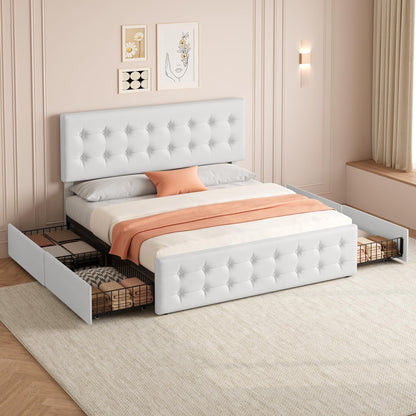 GAOMON King Size Bed Frame with 4 Storage Drawers and Headboard, Faux Leather Upholstered Platform Bed Frame with Wooden Slats Support, Button Tufted Design, No Box Spring Needed, White