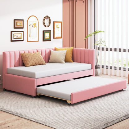 Acosure Twin Size Upholstered Linen Daybed with Twin-Size Trundle,Sofa Bed Frame W/Slat Support and Back & Armrest,No Box Spring Needed,for Apartment,Bedroom,Guest Room,Pink