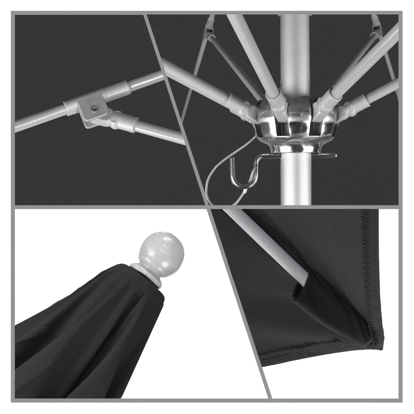 California Umbrella 9' Round Aluminum/Fiberglass Umbrella, Push Open, Silver Pole, Olefin Black Fabric