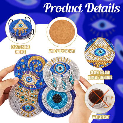 Cheriswelry 8Pcs Evil Eye Diamond Painting Coasters Set Bohemia Style Art Painting Coasters with Holder 5D DIY Diamond Painting Drink Mat Kits for Beginners Adults Kids DIY Coasters