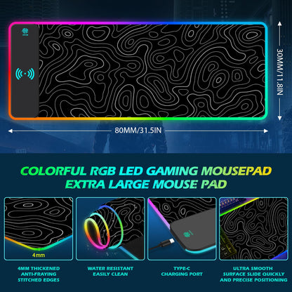ToLuLu RGB Gaming Wireless Charging Mouse Pad, 5/7.5/10/15W 10 Light Modes LED Mouse Pad Computer Keyboard Mat Mousepad, 800x300x4MM Extended Large Desk Mat for Gaming, MacBook, Laptop, PC, Galaxy