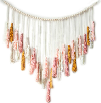 Decocove Macrame Wall Hanging - Large Macrame Wall Hanging with Wood Beads - Bohemian Wall Decor for Bedroom, Living Room and Kitchen - Pink and Gold- 35'' x 36''