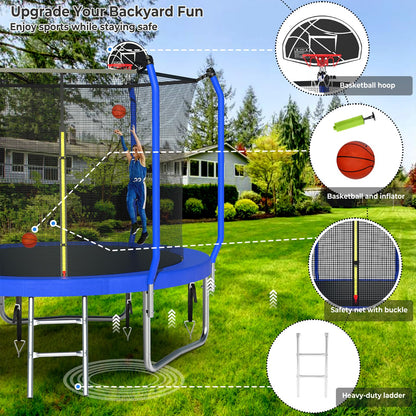 Lyromix Upgraded 8FT Trampoline for Kids and Adults, Large Outdoor Trampoline with Basketball,Stakes, Light, Sprinkler,Basketball Hoop and Net, Capacity for 3-5 Kids and Adults, Royal Blue