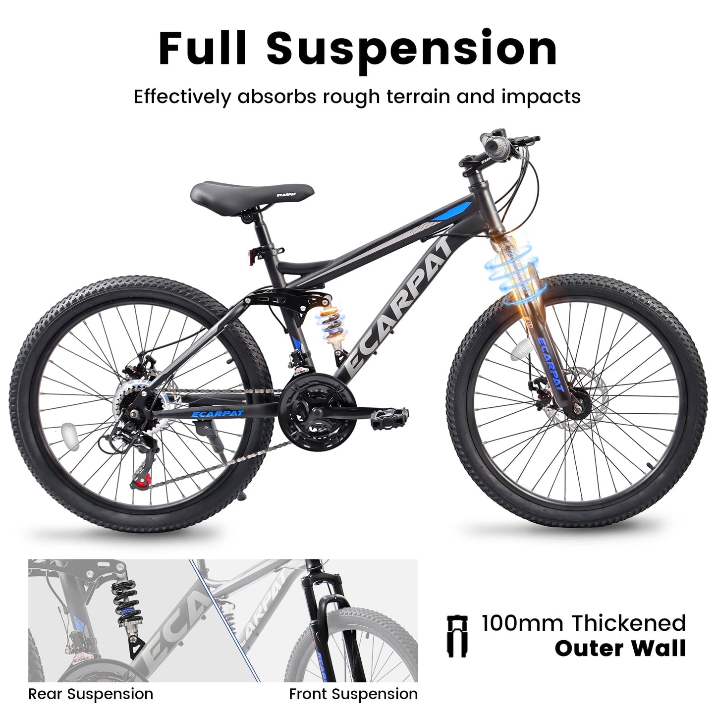 Ecarpat 27.5 Inch Mountain Bike for Men Women Adult, Carbon Steel Frame Mountain Bike with Full Suspension and Dull Disc Brake, 21-Speed MTB Bicycle, Black