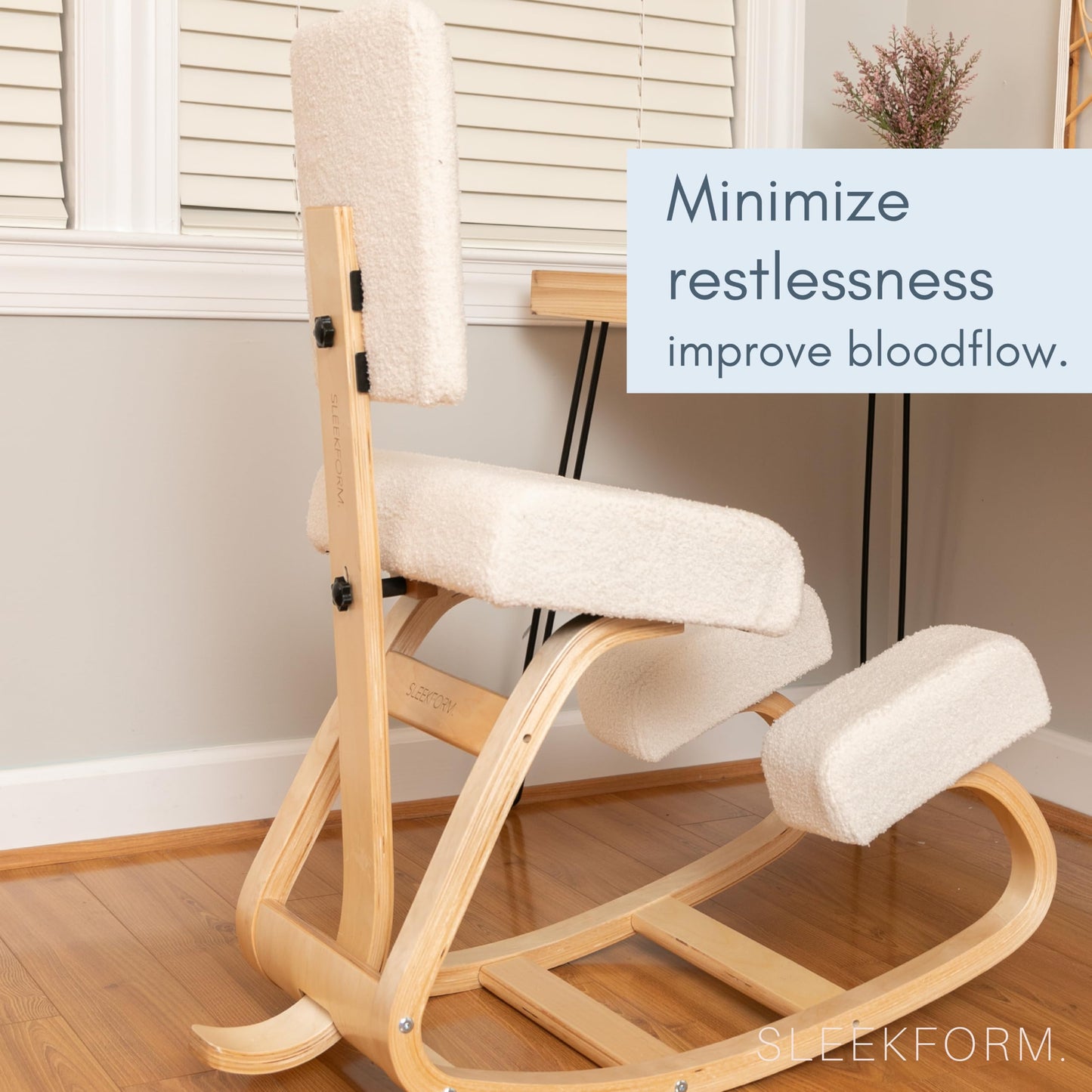 Sleekform East Austin Ergonomic Kneeling Chair with Back Support - Boucle and Wood Ergo Stool for Desk - Best Ergonomic Kneeling Office Chair for Posture and Leg Circulation