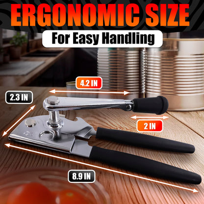 Heavy Duty Commercial Can Opener – Stainless Steel Can Opener for Large & Small Cans, Manual 360° Smooth Crank with Ergonomic Long Handles, Non-Slip Grip, 2-in-1 Bottle Opener for Restaurants & Home