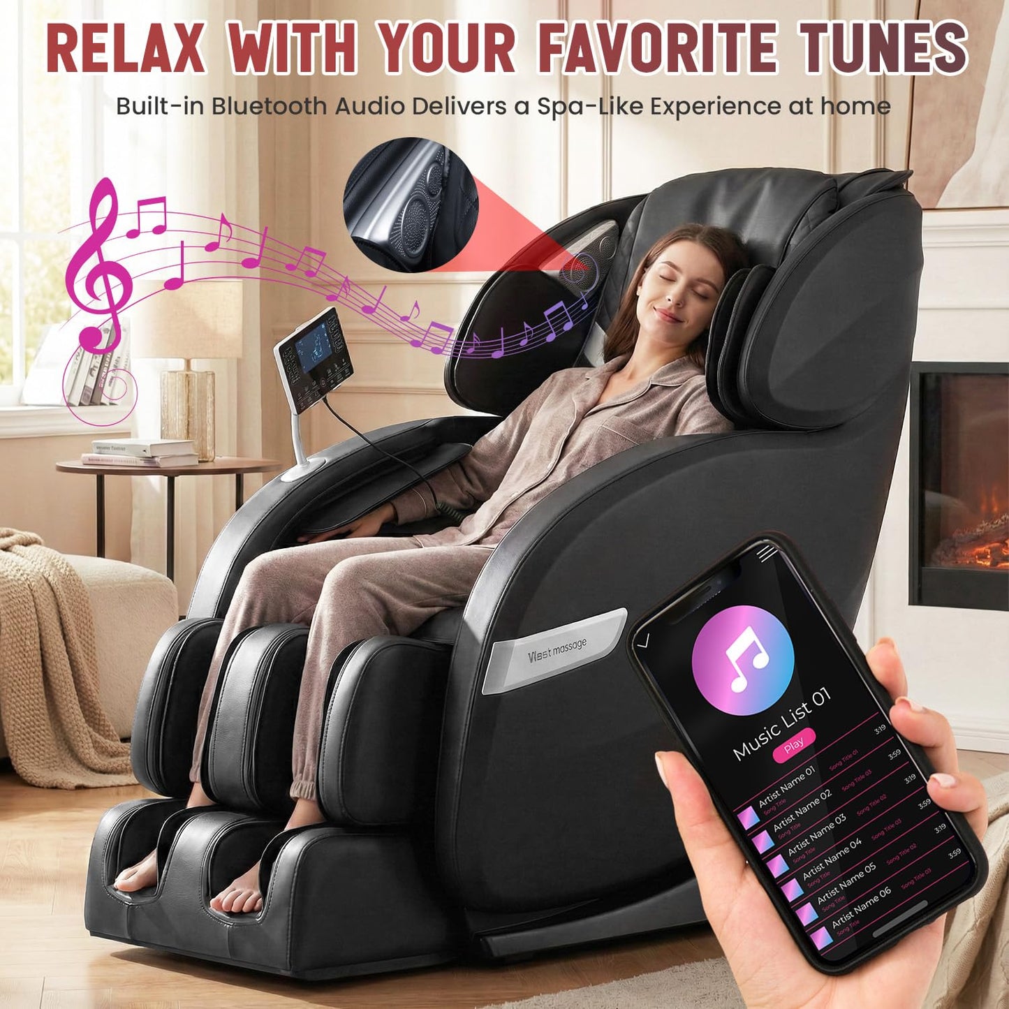 BestMassage Zero Gravity Recliner Chair, Full Body Heated Massage SL Extra Long Track Roller Chair with Bluetooth Connectivity 6 Manual Modes and 12 Automatic Modes (Black)