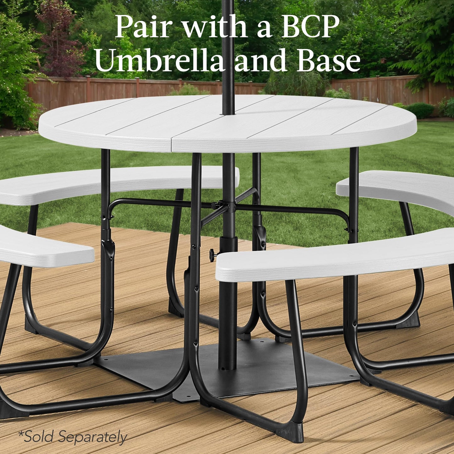 Best Choice Products 8-Person Outdoor Bench Patio Picnic Table, Circular w/ 4 Built-in Benches and Umbrella Hole, 2000lb Capacity - White