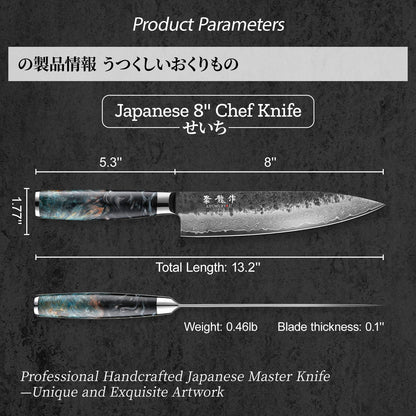 Japanese Chef Knife 8", Hand Forged 67-Layer Damascus VG10 Core Kitchen Knife for Home & Professional Chefs, Razor Sharp Chef's Knives with Leather Sheath, Premium Father Day Gift for Dad Husband