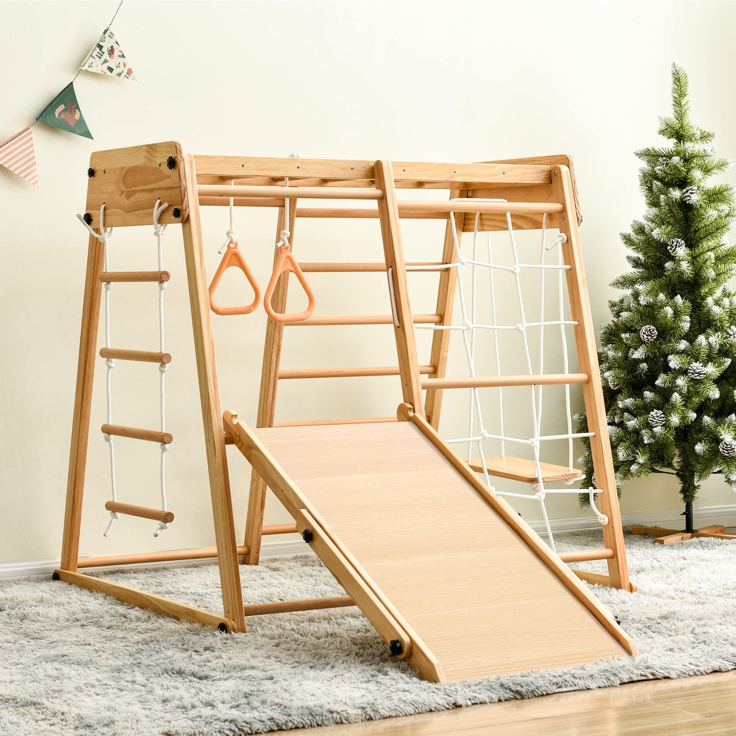 Indoor Playground 8-in-1 Jungle Gym Toddler Climbing Toys with Slides and Play Table Wooden Rock Climbing Ladder with Rope Wall Swing Rings Kids Slides Playset Natural Wood As Shown One Size