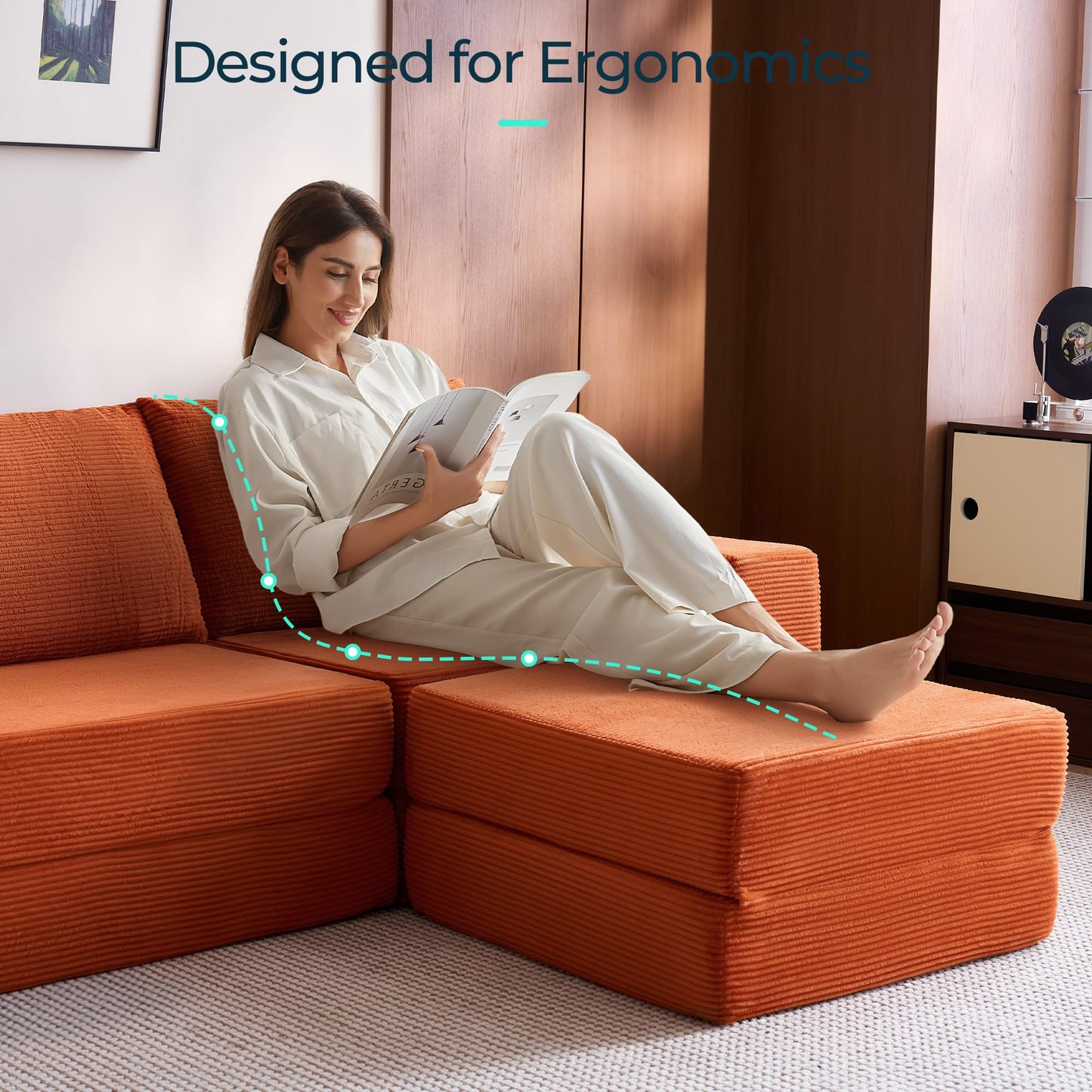 LINSY HOME Oversized Convertible Sofa Bed with 2 Pillows & Ottoman, Corduroy Boneless Couch Folding Modular Sleeper Sofa, L Shaped Couch Floor Sofa for Living Room Apartment, Upgrade Backrest (Orange)